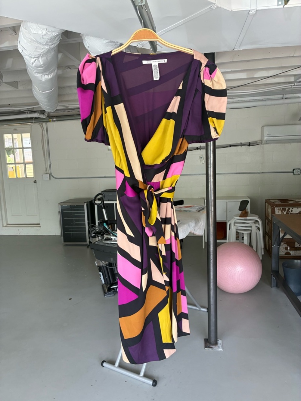 Diane Von Furstenberg Geometric Wrap Midi Dress in Purple, Pink & Yellow silk